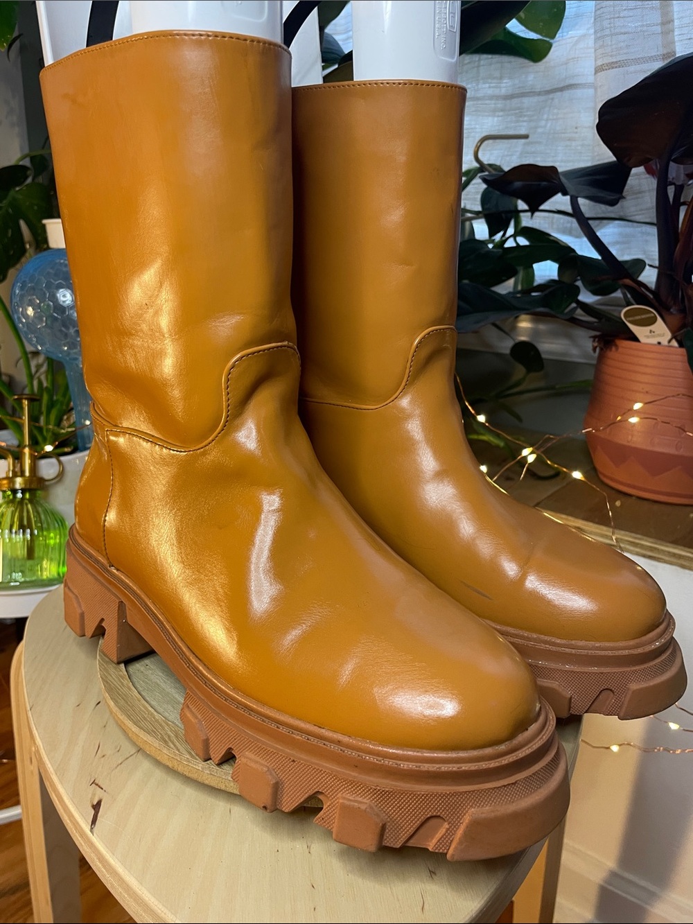 Tan Chunky Leather Mid-Calf Boots